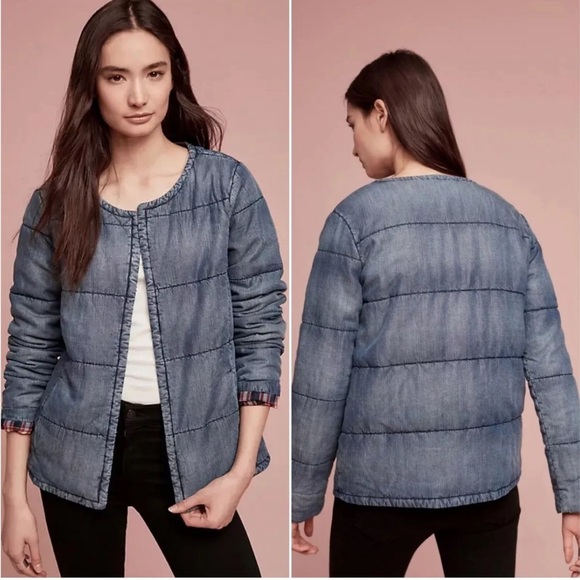 Anthropologie Cloth & Stone Chambray Quilted Plaid-lined Car Coat - Picture 1 of 7
